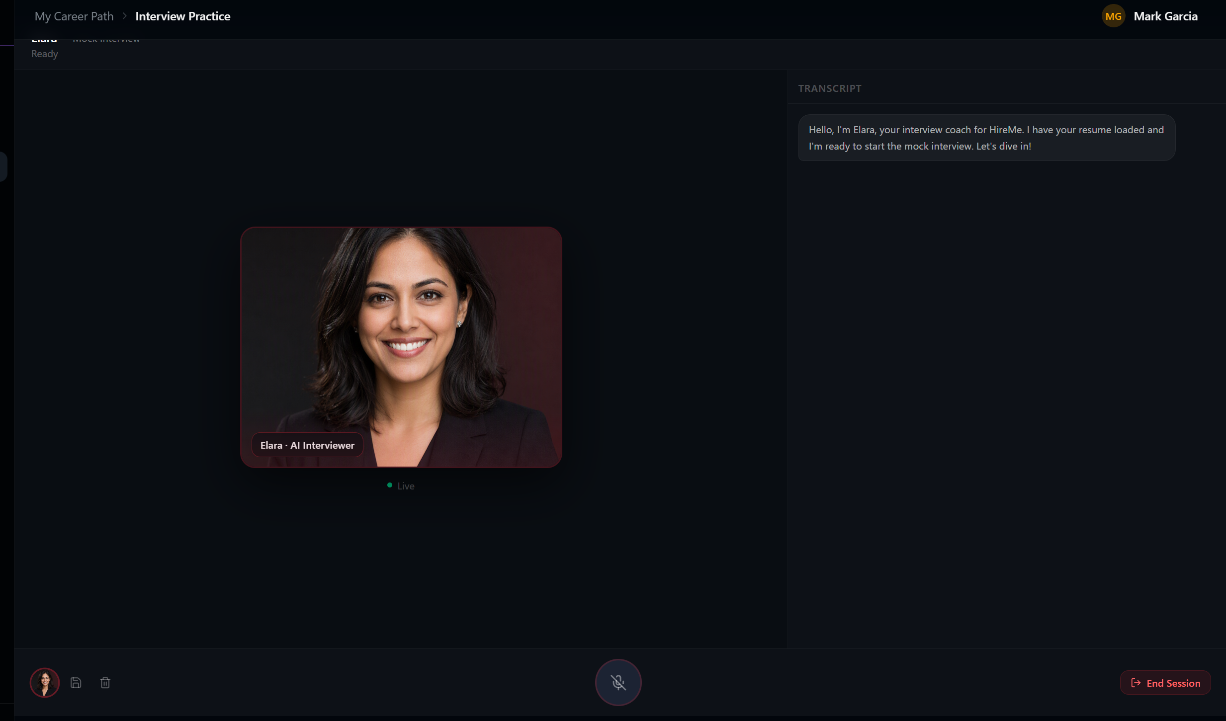A live interview with Elara — spoken questions, live transcript