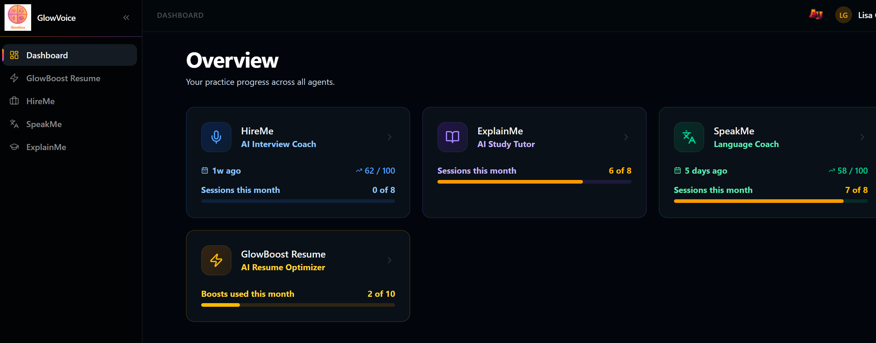 GlowVoice portal — unified dashboard for all voice agents