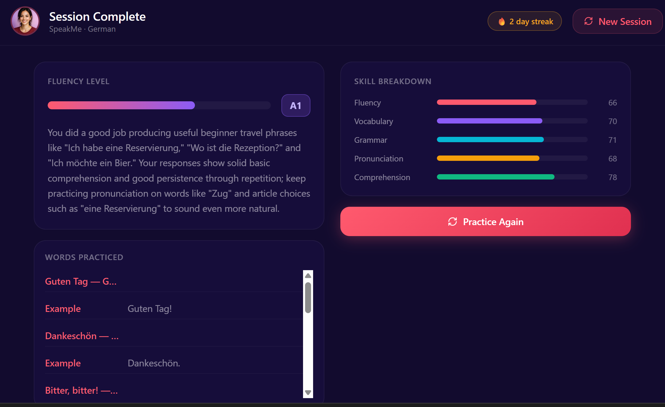 Progress dashboard showing CEFR level advancement and streaks