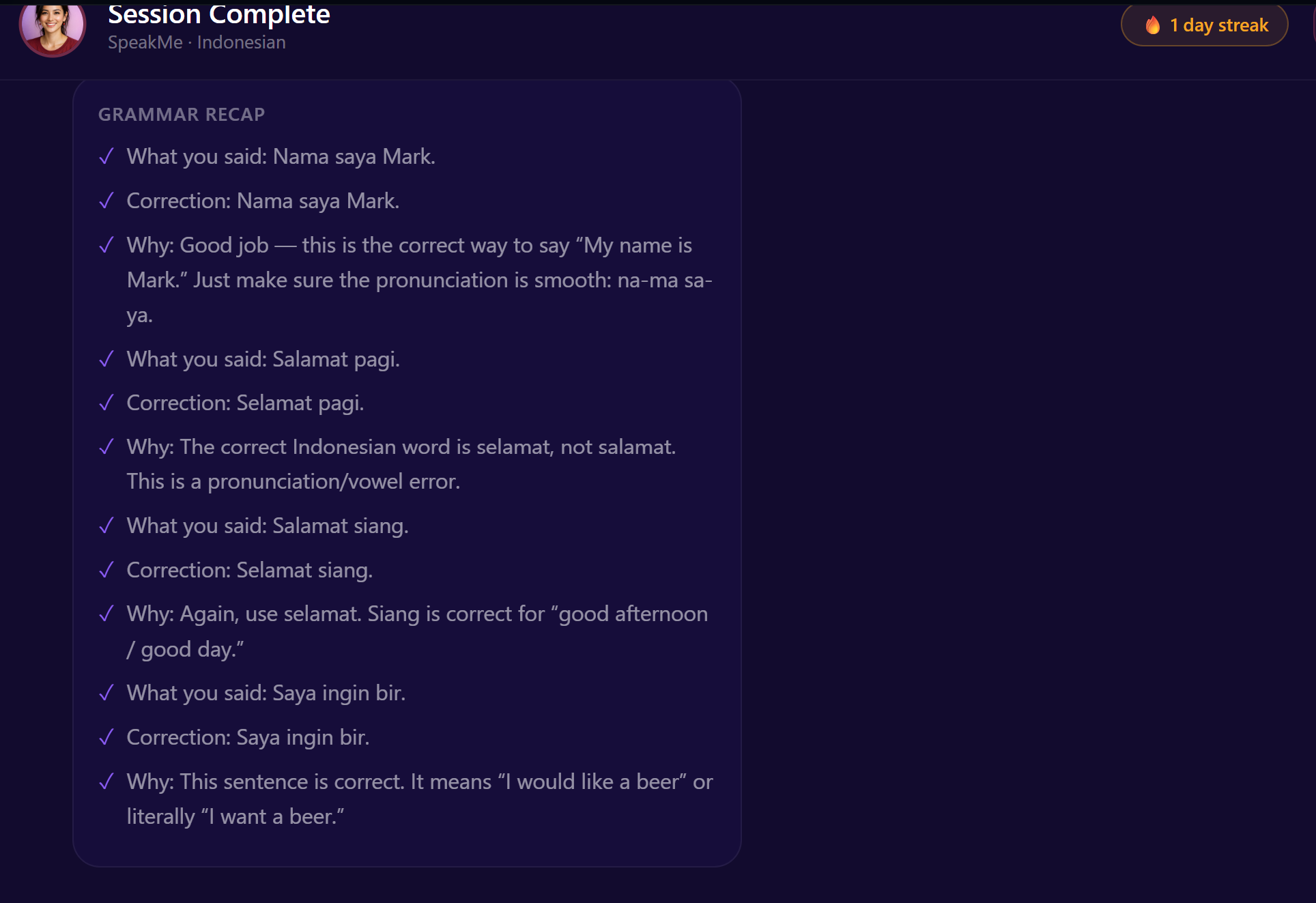 Grammar coaching — Nari highlights and corrects errors in context