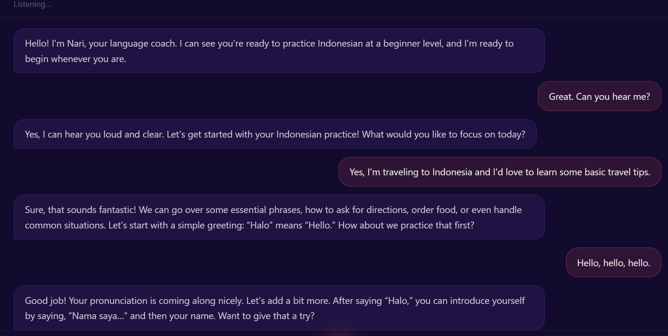 Live conversation session — Nari guides conversational practice
